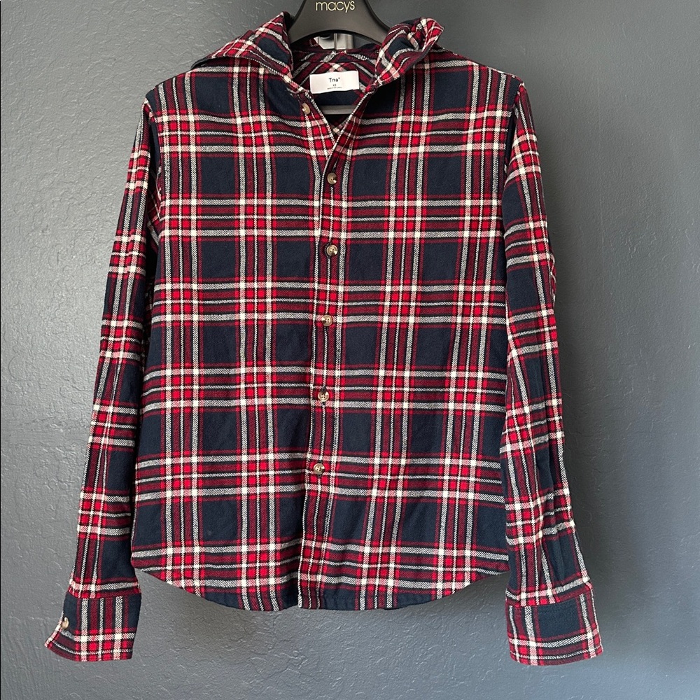 TNA Aritzia organic cotton Red and Navy Checkered Casual Shirt